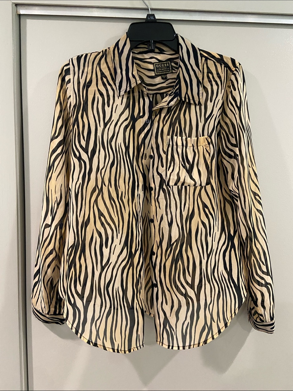Guess Zebra-Print Button-Up Shirt in Cream & Black